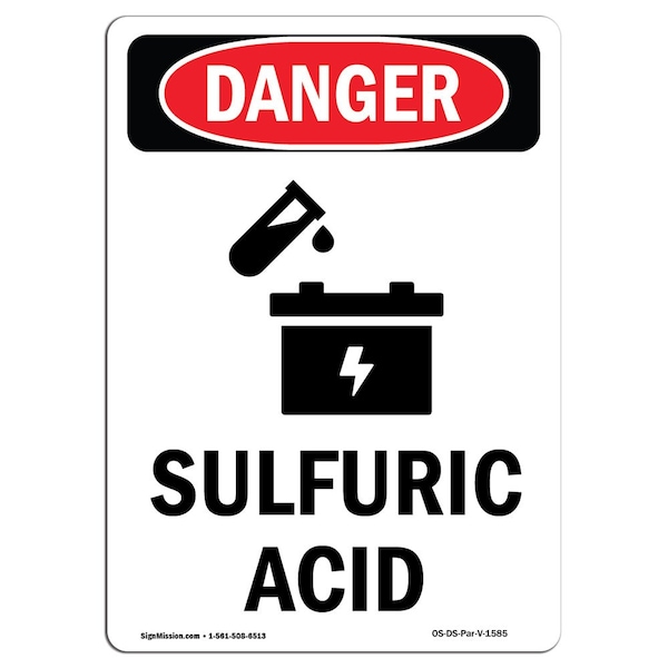 Safety Sign, OSHA Danger, 5" Height, Sulfuric Acid, Portrait, 10PK